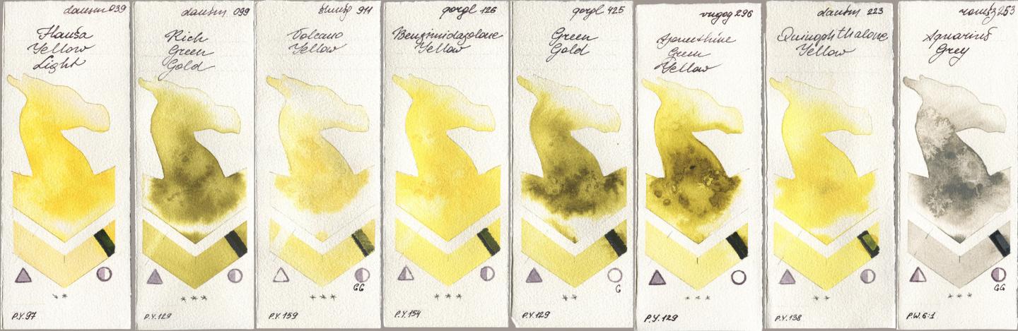 Daniel Smith 039 Hansa Yellow Light, 099 Rich Green Gold, Shminke Horadam Aquarell 911 Volcano Yellow, Golden QOR 126 Benzimidazolone Yellow, 425 Green Gold, Royal Talens Van Gogh Watercolour 296 Azomethine Green Yellow, 223 Quinophthalone Yellow, Roman Szmal Aquarius 253 Aquarius Gr watercolor swatch