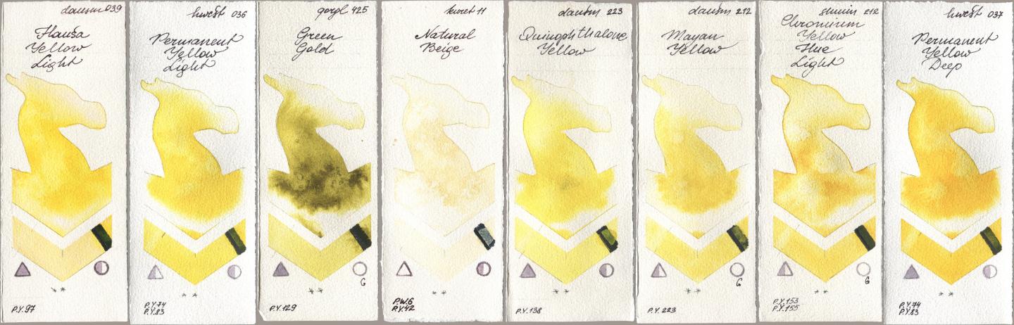 Daniel Smith 039 Hansa Yellow Light, Holbein Artists Watercolor 036 Permanent Yellow Light, Golden QOR 425 Green Gold, Kuretake Gansai Tambi 011 Natural Beige, 223 Quinophthalone Yellow, 212 Mayan Yellow, Shminke Horadam Aquarell 212 Chromium Yellow Hue Light, 037 Permanent Yellow De watercolor swatch
