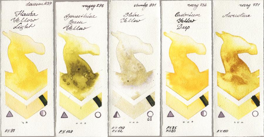 Daniel Smith 039 Hansa Yellow Light vs Royal Talens Van Gogh Watercolour 296 Azomethine Green Yellow vs Shminke Horadam Aquarell 931 Shire Yellow vs Rosa Gallery 732 Cadmium Yellow Deep vs 751 Aureoline watercolor swatch