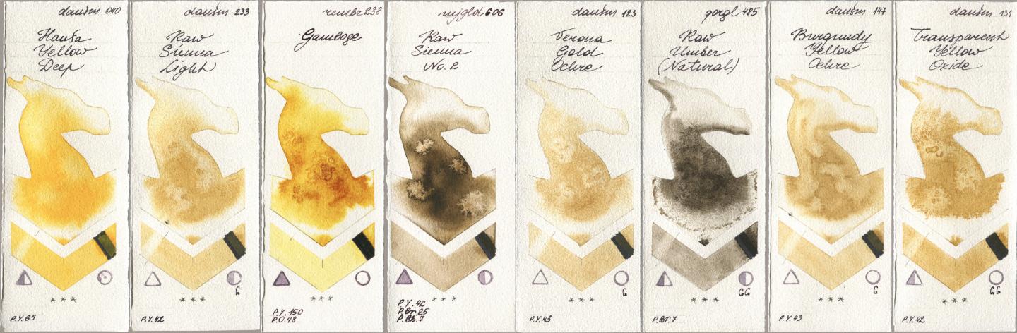 Daniel Smith 040 Hansa Yellow Deep, 233 Raw Sienna Light, Royal Talens Rembrandt Watercolour 238 Gamboge, Mijello Mission Gold 606 Raw Sienna No 2, 123 Verona Gold Ochre, Golden QOR 485 Raw Umber (Natural), 147 Burgundy Yellow Ochre, 131 Transparent Yellow Oxi watercolor swatch