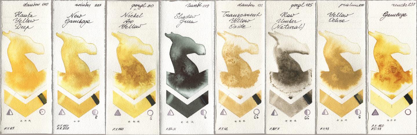 Daniel Smith 040 Hansa Yellow Deep, Winsor & Newton Professional 267 New Gamboge, Golden QOR 140 Nickel Azo Yellow, Holbein Artists Watercolor 079 Shadow Green, 131 Transparent Yellow Oxide, 485 Raw Umber (Natural), M. Graham & Co. Artists 200 Yellow Ochre, Royal Talens Rembrandt Watercolour 238 Gambo watercolor swatch
