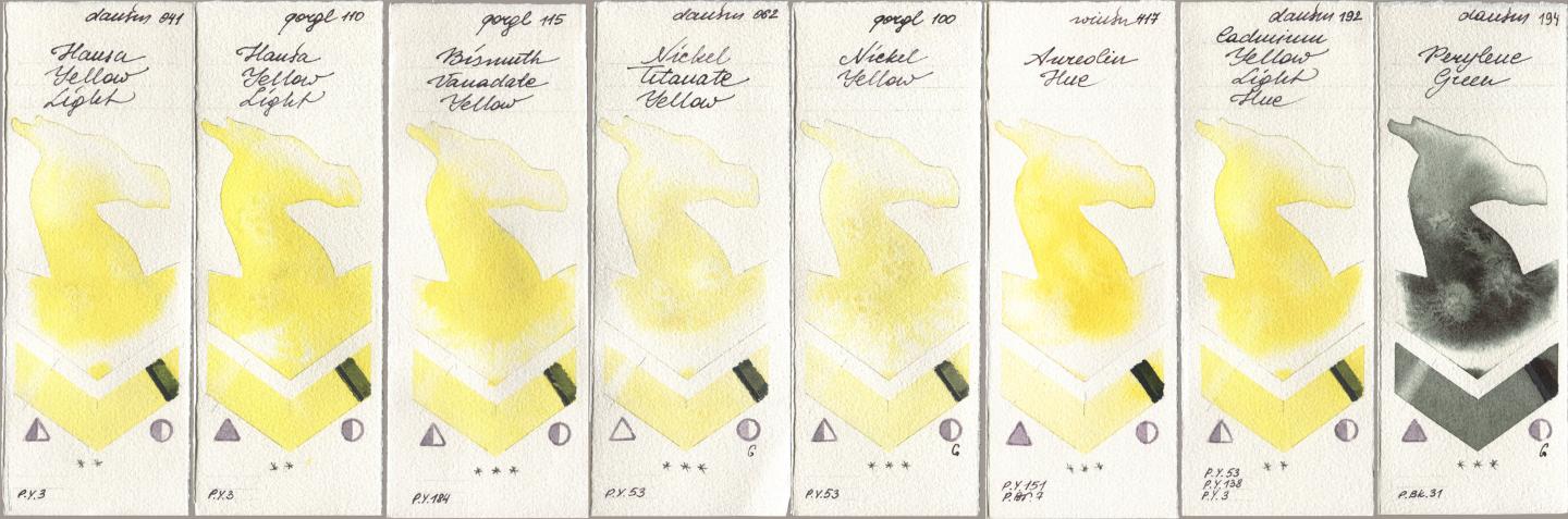 Daniel Smith 041 Hansa Yellow Light, Golden QOR 110 Hansa Yellow Light, 115 Bismuth Vanadate Yellow, 062 Nickel Titanate Yellow, 100 Nickel Yellow, Winsor & Newton Professional 417 Aureolin Hue, 192 Cadmium Yellow Light Hue, 194 Perylene Gre watercolor swatch