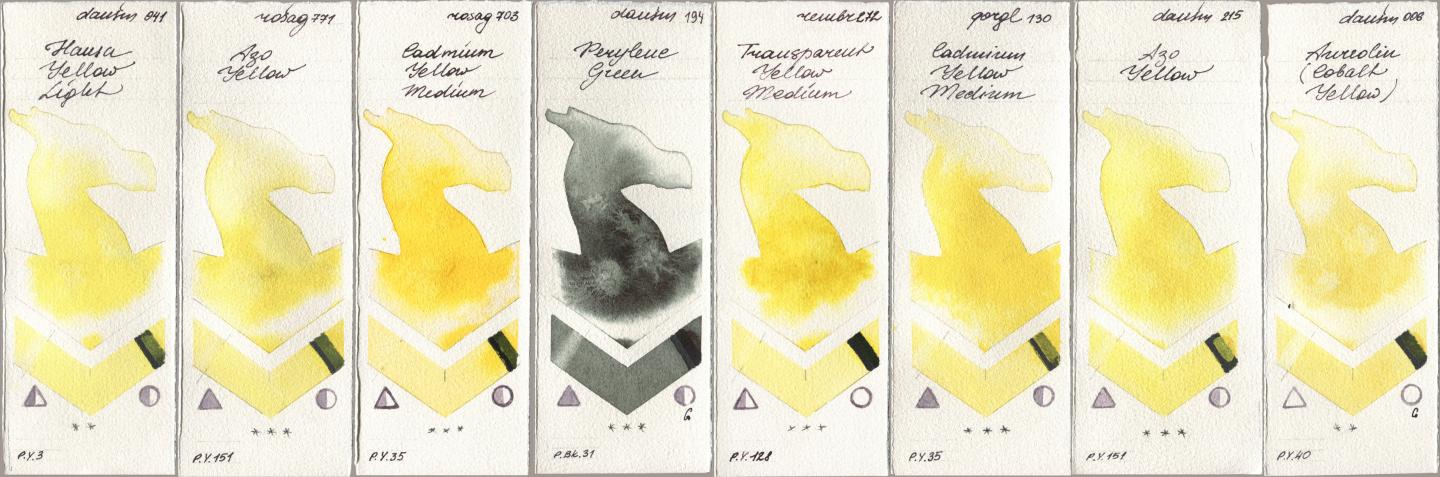 Daniel Smith 041 Hansa Yellow Light, Rosa Gallery 771 Azo Yellow, 703 Cadmium Yellow Medium, 194 Perylene Green, Royal Talens Rembrandt Watercolour 272 Transparent Yellow Medium, Golden QOR 130 Cadmium Yellow Medium, 215 Azo Yellow, 006 Aureolin (Cobalt Yello watercolor swatch