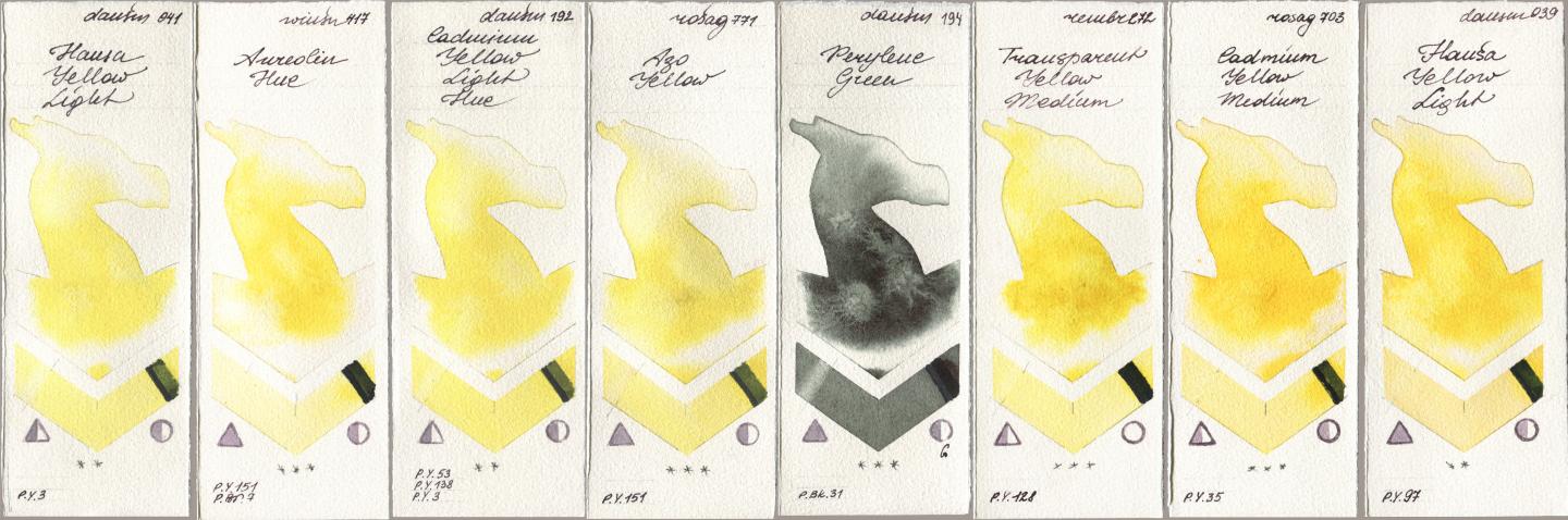 Daniel Smith 041 Hansa Yellow Light, Winsor & Newton Professional 417 Aureolin Hue, 192 Cadmium Yellow Light Hue, Rosa Gallery 771 Azo Yellow, 194 Perylene Green, Royal Talens Rembrandt Watercolour 272 Transparent Yellow Medium, 703 Cadmium Yellow Medium, 039 Hansa Yellow Lig watercolor swatch