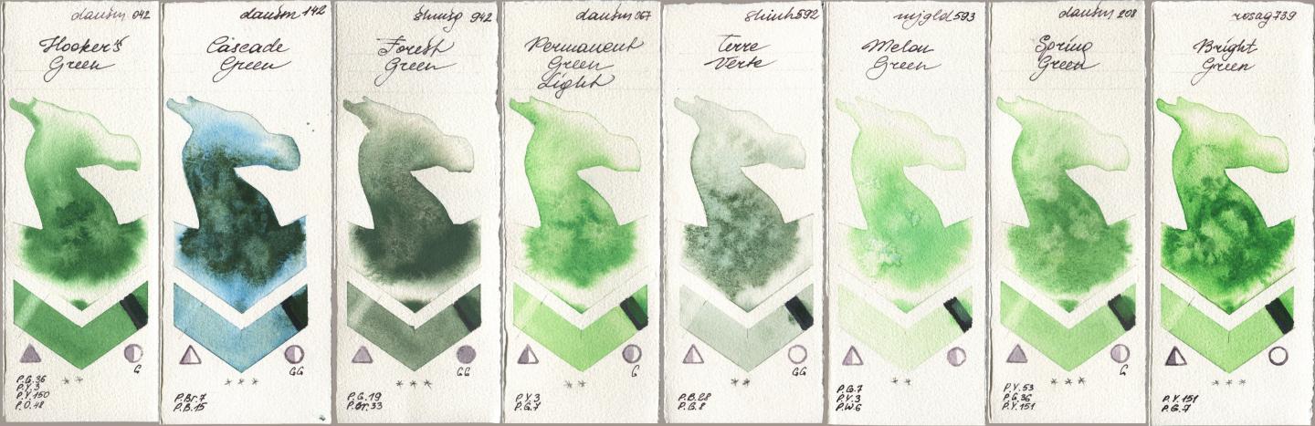 Daniel Smith 042 Hookers Green, 142 Cascade Green, Shminke Horadam Aquarell 942 Forest Green, 067 Permanent Green Light, Shinhan PWC 592 Terre Verte, Mijello Mission Gold 593 Melon Green, 208 Spring Green, Rosa Gallery 739 Bright Gre watercolor swatch