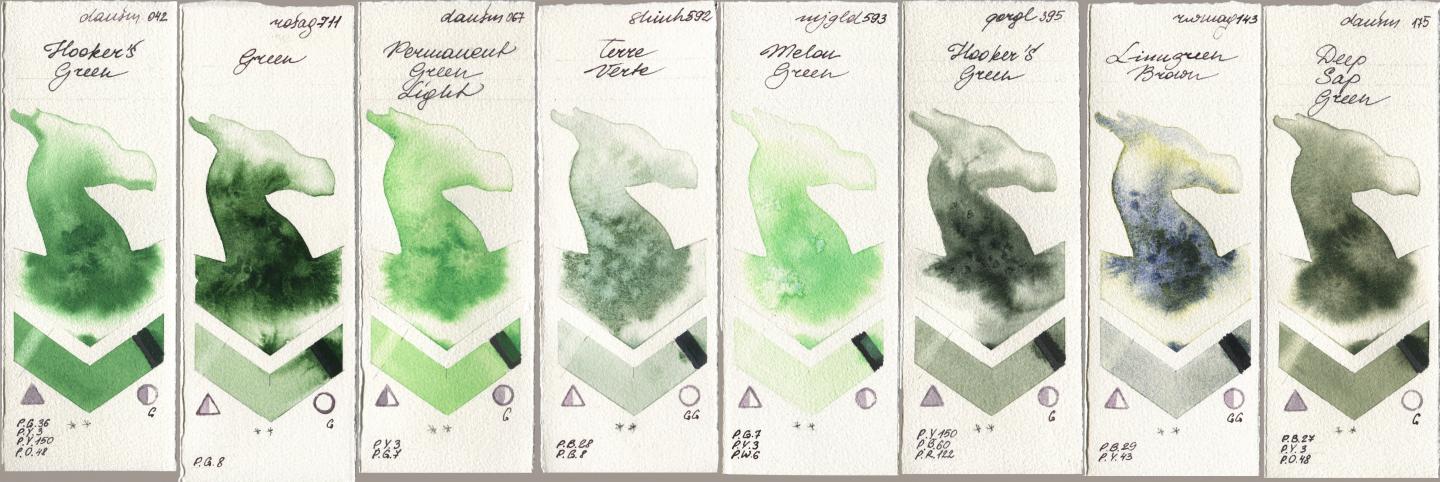 Daniel Smith 042 Hookers Green, Rosa Gallery 711 Green, 067 Permanent Green Light, Shinhan PWC 592 Terre Verte, Mijello Mission Gold 593 Melon Green, Golden QOR 395 Hookers Green, Rockwell 143 Limugreen Brown, 175 Deep Sap Gre watercolor swatch