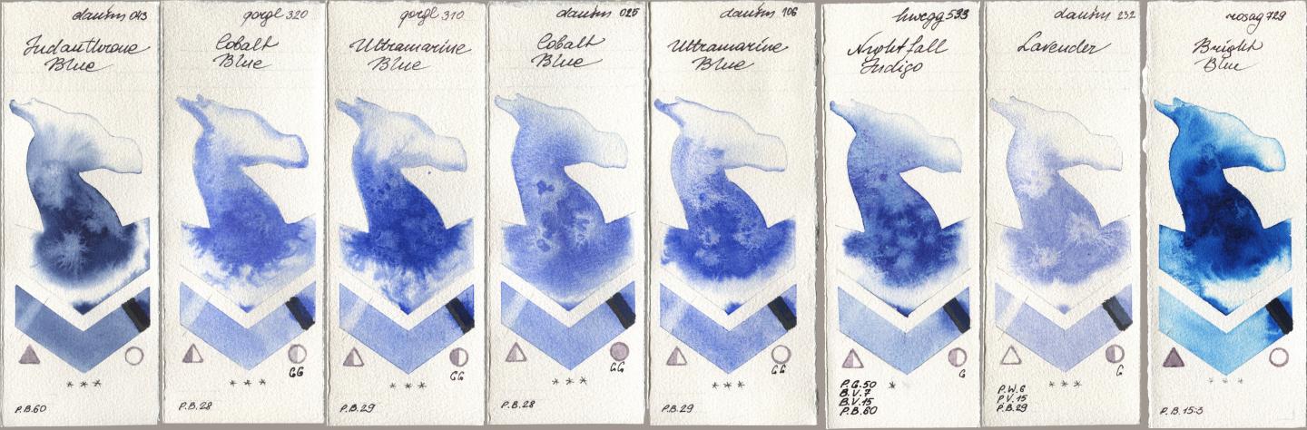 Daniel Smith 043 Indanthrone Blue, Golden QOR 320 Cobalt Blue, 310 Ultramarine Blue, 025 Cobalt Blue, 106 Ultramarine Blue, Holbein Artists Watercolor 533 Nightfall Indigo, 232 Lavender, Rosa Gallery 729 Bright Bl watercolor swatch