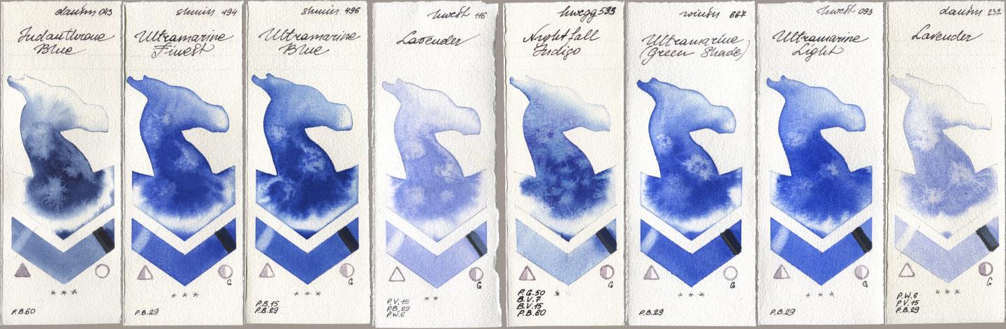 Daniel Smith 043 Indanthrone Blue, Shminke Horadam Aquarell 494 Ultramarine Finest, 496 Ultramarine Blue, Holbein Artists Watercolor 116 Lavender, 533 Nightfall Indigo, Winsor & Newton Professional 667 Ultramarine (Green Shade), 093 Ultramarine Light, 232 Lavend watercolor swatch