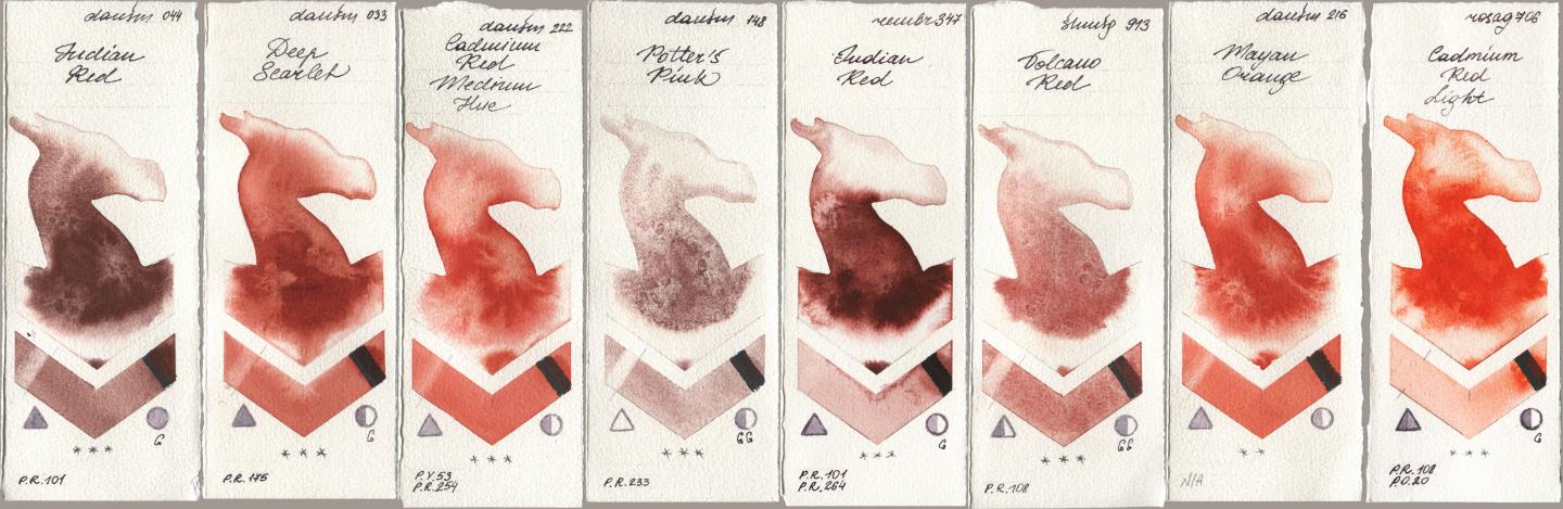 Daniel Smith 044 Indian Red, 033 Deep Scarlet, 222 Cadmium Red Medium Hue, 148 Potters Pink, Royal Talens Rembrandt Watercolour 347 Indian Red, Shminke Horadam Aquarell 913 Volcano Red, 216 Mayan Orange, Rosa Gallery 706 Cadmium Red Lig watercolor swatch