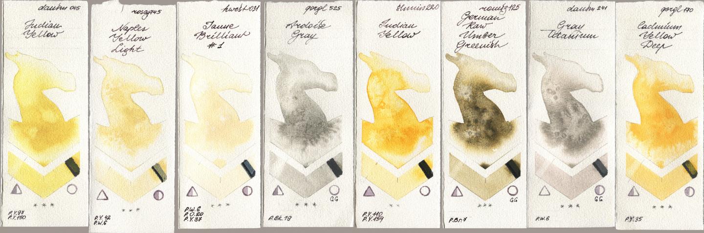 Daniel Smith 045 Indian Yellow, Rosa Gallery 745 Naples Yellow Light, Holbein Artists Watercolor 031 Jaune Brilliant No 1, Golden QOR 525 Ardoise Gray, Shminke Horadam Aquarell 220 Indian Yellow, Roman Szmal Aquarius 125 German Raw Umber Greenish, 241 Gray Titanium, 170 Cadmium Yellow De watercolor swatch