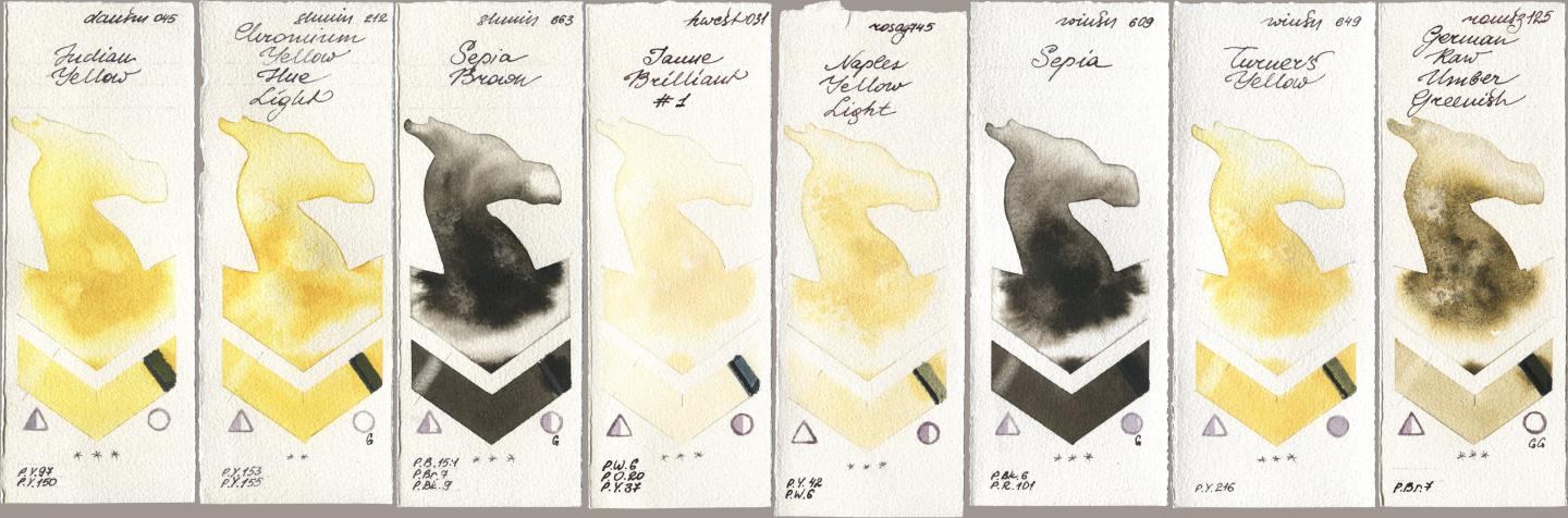 Daniel Smith 045 Indian Yellow, Shminke Horadam Aquarell 212 Chromium Yellow Hue Light, 663 Sepia Brown, Holbein Artists Watercolor 031 Jaune Brilliant No 1, Rosa Gallery 745 Naples Yellow Light, Winsor & Newton Professional 609 Sepia, 649 Turners Yellow, Roman Szmal Aquarius 125 German Raw Umber Greeni watercolor swatch