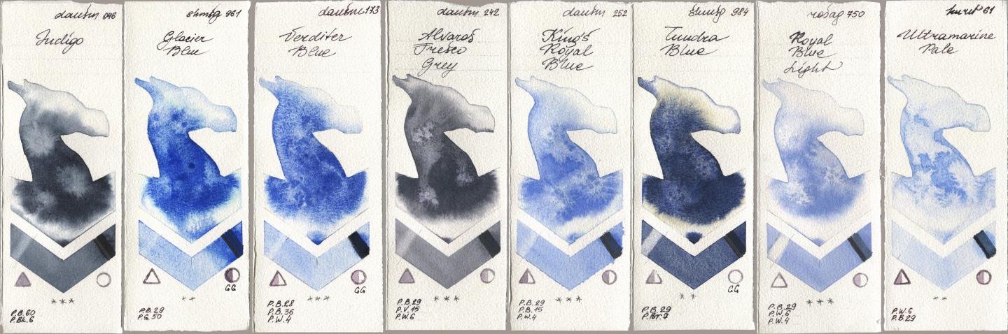 Daniel Smith 046 Indigo, Shminke Horadam Aquarell 961 Glacier Blue, 173 Verditer Blue, 242 Alvaros Fresco Grey, 252 King’s Royal Blue, 984 Tundra Blue, Rosa Gallery 750 Royal Blue Light, Kuretake Gansai Tambi 061 Ultramatire Pa watercolor swatch