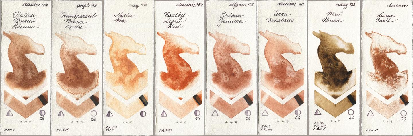 Daniel Smith 047 Italian Burnt Sienna, Golden QOR 475 Transparent Brown Oxide, Rosa Gallery 748 Naples Rose, 254 Earthy Light Red, 145 Sedona Genuine, 117 Terre Ercolano, 723 Mars Brown, 050 Lunar Ear watercolor swatch