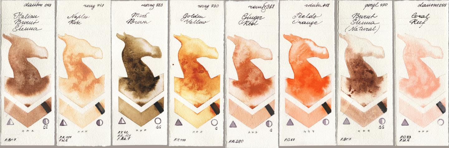 Daniel Smith 047 Italian Burnt Sienna, Rosa Gallery 748 Naples Rose, 723 Mars Brown, 730 Golden Yellow, Roman Szmal Aquarius 368 Genger Red, Winsor & Newton Professional 418 Fields Orange, Golden QOR 470 Burnt Sienna (Natural), 255 Coral Re watercolor swatch
