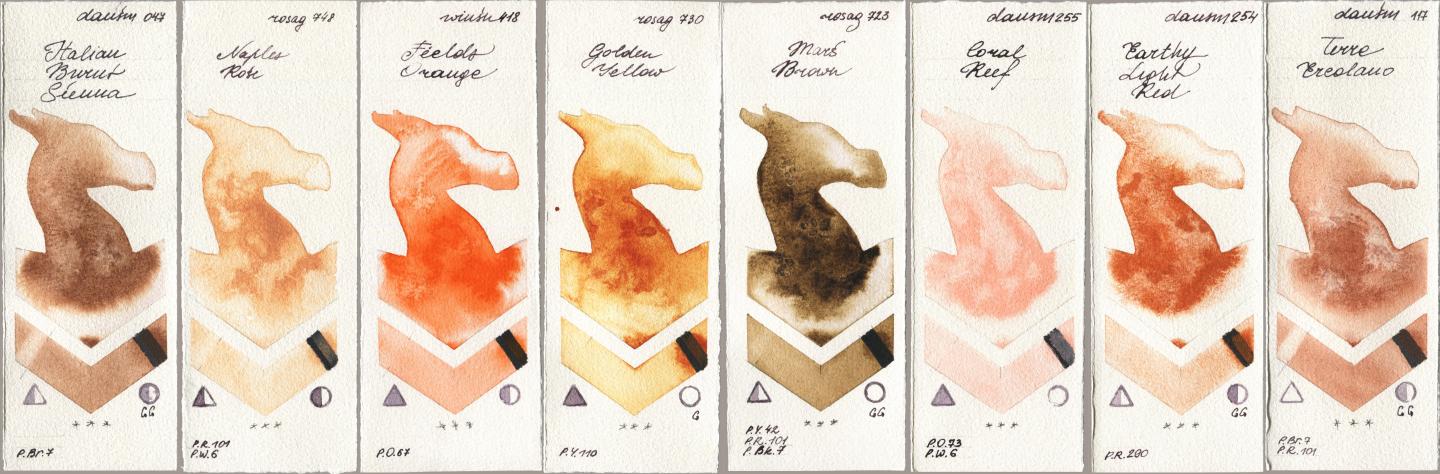 Daniel Smith 047 Italian Burnt Sienna, Rosa Gallery 748 Naples Rose, Winsor & Newton Professional 418 Fields Orange, 730 Golden Yellow, 723 Mars Brown, 255 Coral Reef, 254 Earthy Light Red, 117 Terre Ercola watercolor swatch