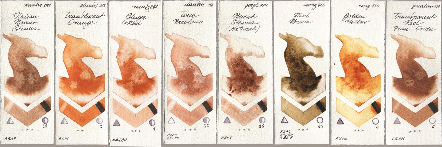 Daniel Smith 047 Italian Burnt Sienna, Shminke Horadam Aquarell 218 Translucent Orange / Transparent Orange, Roman Szmal Aquarius 368 Genger Red, 117 Terre Ercolano, Golden QOR 470 Burnt Sienna (Natural), Rosa Gallery 723 Mars Brown, 730 Golden Yellow, M. Graham & Co. Artists 187 Transparent Red Iron Oxi watercolor swatch