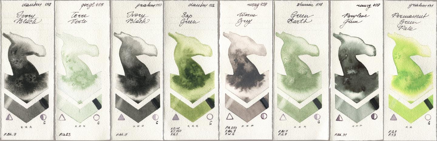 Daniel Smith 048 Ivory Black, Golden QOR 405 Terre Verte, M. Graham & Co. Artists 110 Ivory Black, 102 Sap Green, Rosa Gallery 759 Warm Grey, Shminke Horadam Aquarell 516 Green Earth, Roman Szmal Aquarius 409 Perylene Green, 131 Permanent Green Pa watercolor swatch