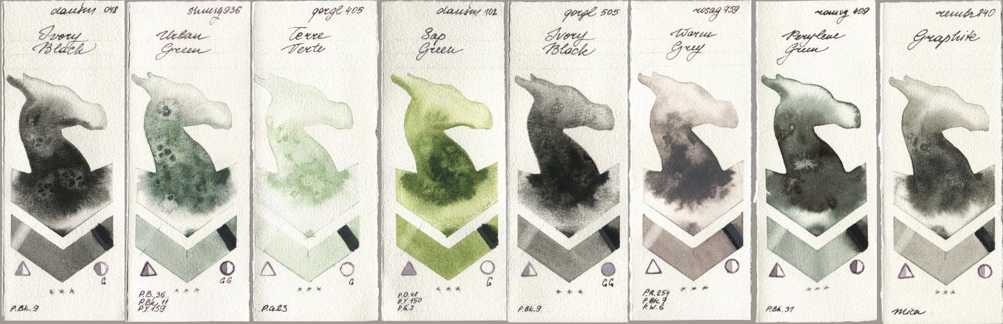 Daniel Smith 048 Ivory Black, Shminke Horadam Aquarell 936 Urban Green, Golden QOR 405 Terre Verte, 102 Sap Green, 505 Ivory Black, Rosa Gallery 759 Warm Grey, Roman Szmal Aquarius 409 Perylene Green, Royal Talens Rembrandt Watercolour 840 Graphi watercolor swatch