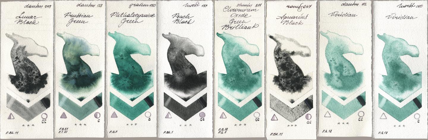 Daniel Smith 049 Lunar Black, 128 Prussian Green, M. Graham & Co. Artists 150 Phthalocyanine Green, Holbein Artists Watercolor 137 Peach Black, Shminke Horadam Aquarell 511 Chromium Oxide Green Brilliant, Roman Szmal Aquarius 247 Aquarius Black, 112 Viridian, 060 Viridi watercolor swatch