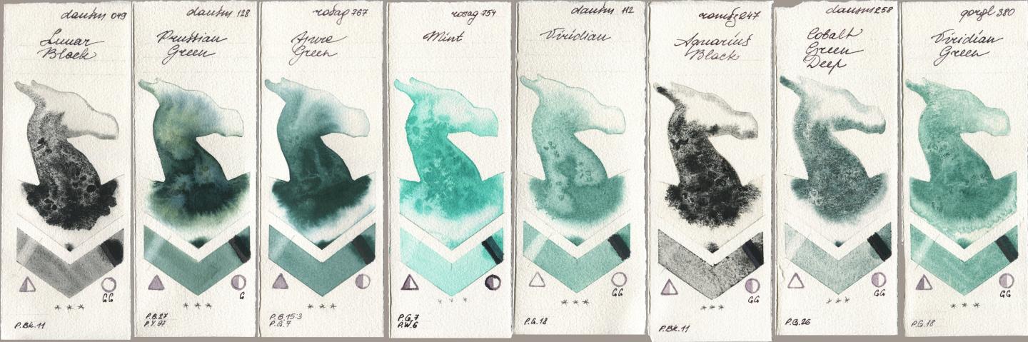 Daniel Smith 049 Lunar Black, 128 Prussian Green, Rosa Gallery 767 Azure Green, 754 Mint, 112 Viridian, Roman Szmal Aquarius 247 Aquarius Black, 258 Cobalt Green Deep, Golden QOR 380 Viridian Gre watercolor swatch