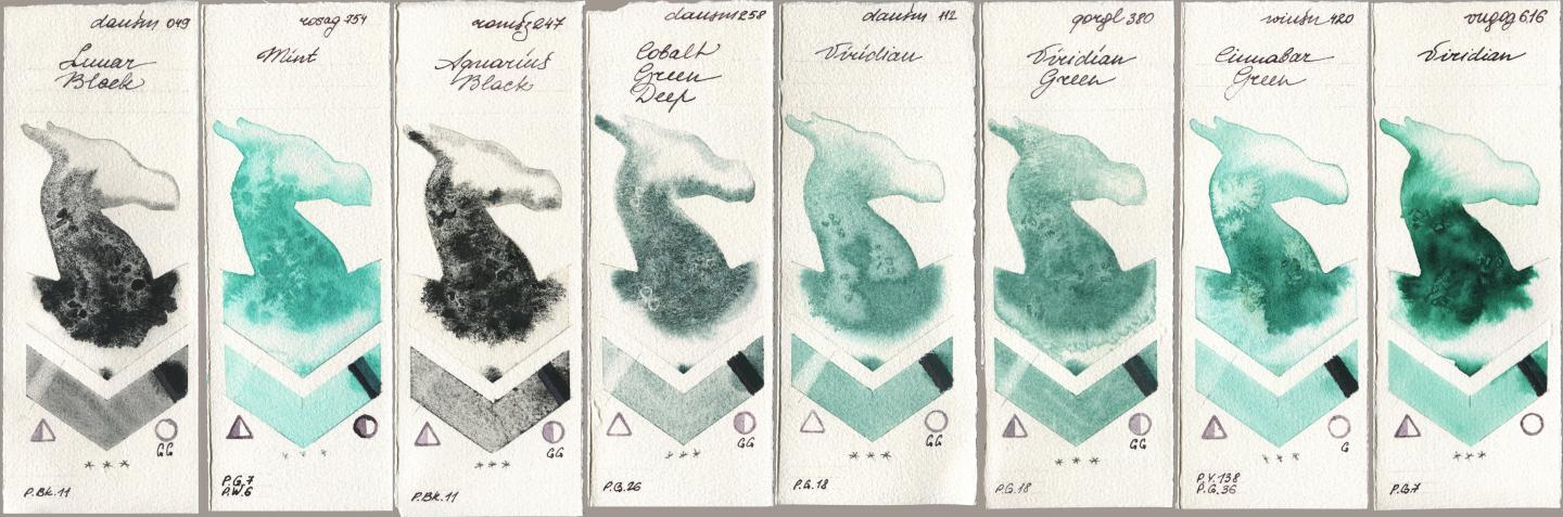 Daniel Smith 049 Lunar Black, Rosa Gallery 754 Mint, Roman Szmal Aquarius 247 Aquarius Black, 258 Cobalt Green Deep, 112 Viridian, Golden QOR 380 Viridian Green, Winsor & Newton Professional 420 Cinnabar Green, Royal Talens Van Gogh Watercolour 616 Viridi watercolor swatch