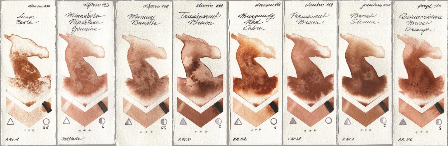 Daniel Smith 050 Lunar Earth, 143 Minnesota Pipestone Genuine, 166 Mummy Bauxite, Shminke Horadam Aquarell 648 Transparent Brown, 151 Burgundy Red Ochre, 068 Permanent Brown, M. Graham & Co. Artists 020 Burnt Sienna, Golden QOR 165 Quinacridone Burnt Oran watercolor swatch