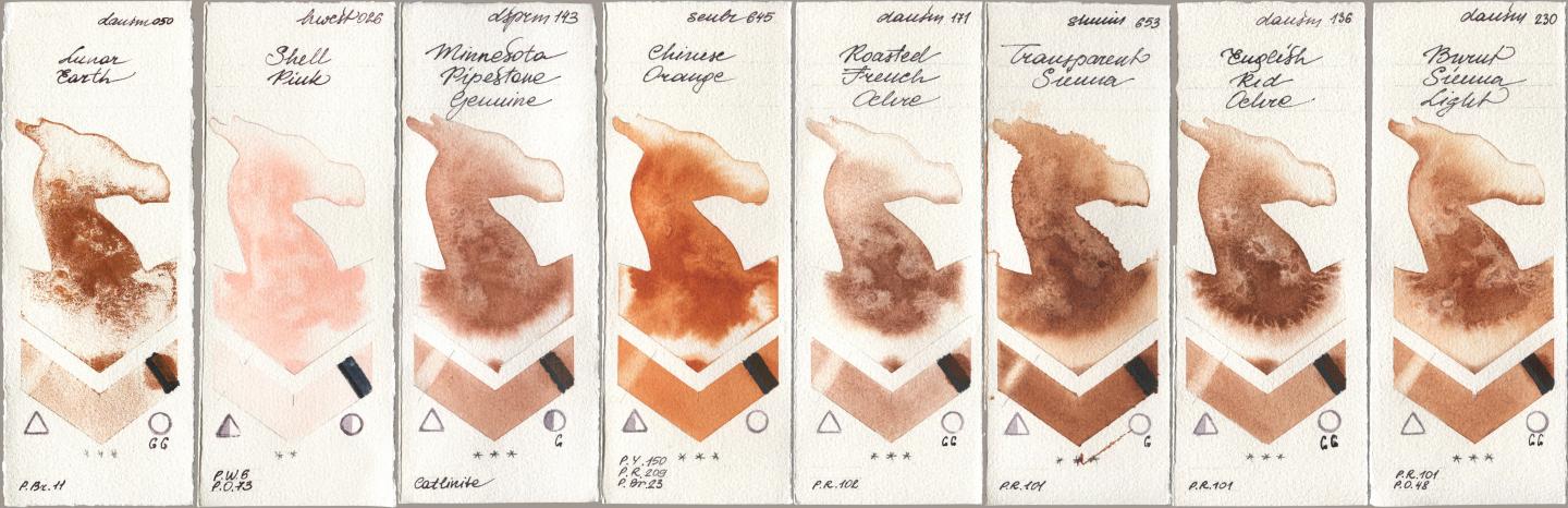 Daniel Smith 050 Lunar Earth, Holbein Artists Watercolor 026 Shell Pink, 143 Minnesota Pipestone Genuine, Sennelier l Aquarelle 645 Chinese Orange, 171 Roasted French Ochre, Shminke Horadam Aquarell 653 Transparent Sienna, 136 English Red Ochre, 230 Burnt Sienna Lig watercolor swatch