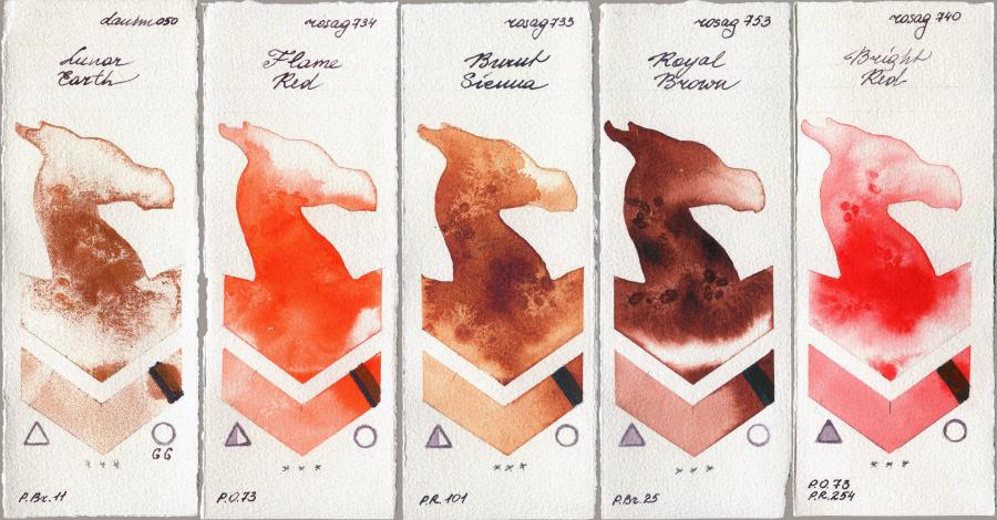Daniel Smith 050 Lunar Earth vs Rosa Gallery 734 Flame Red vs 733 Burnt Sienna vs 753 Royal Brown vs 740 Bright Red watercolor swatch