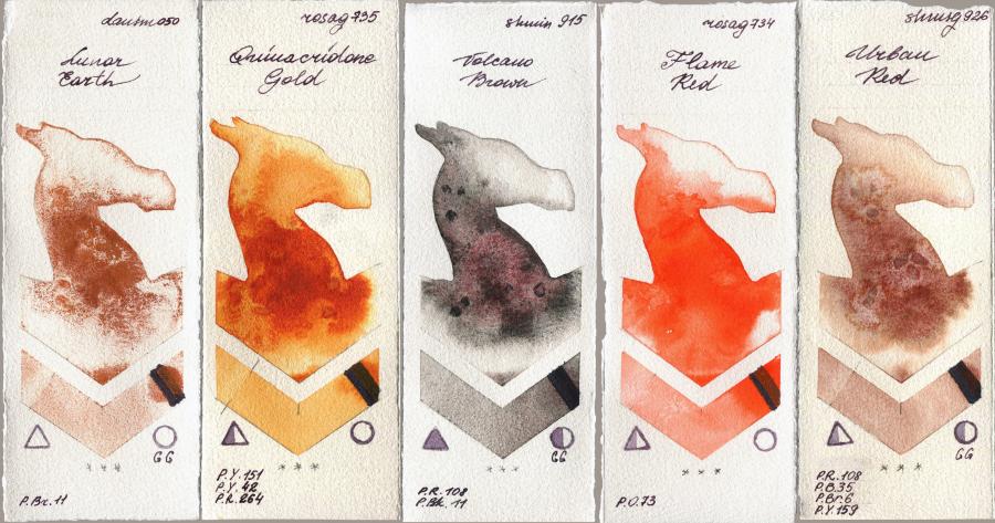 Daniel Smith 050 Lunar Earth vs Rosa Gallery 735 Quinacridone Gold vs Shminke Horadam Aquarell 915 Volcano Brown vs 734 Flame Red vs 926 Urban Red watercolor swatch