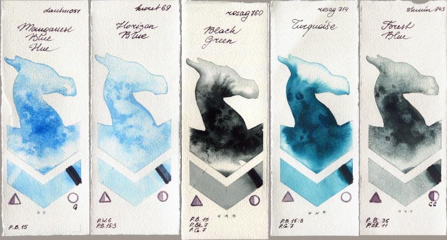Daniel Smith 051 Manganese Blue Hue vs Kuretake Gansai Tambi 69 Horizon Blue vs Rosa Gallery 760 Black Green vs 714 Turquiose vs Shminke Horadam Aquarell 943 Forest Blue watercolor swatch
