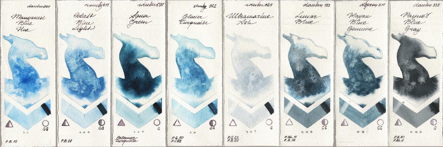 Daniel Smith 051 Manganese Blue Hue, Roman Szmal Aquarius 411 Cobalt Blue Light, Winsor & Newton Professional 697 Aqua Green, Shminke Horadam Aquarell 962 Glacier Turquoise, 424 Ultramarine Ash, 183 Lunar Blue, 211 Mayan Blue Genuine, 235 Paynes Blue Gr watercolor swatch
