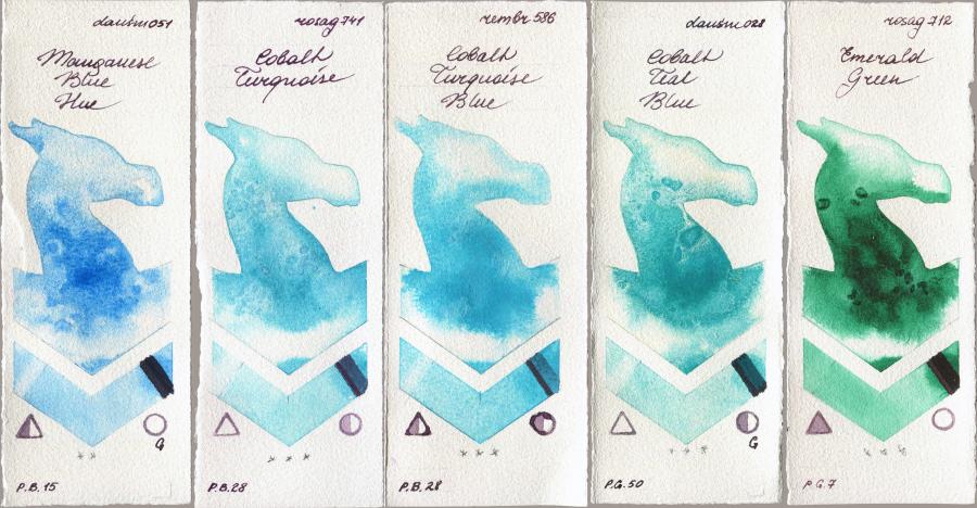 Daniel Smith 051 Manganese Blue Hue vs Rosa Gallery 741 Cobalt Turquoise vs Royal Talens Rembrandt Watercolour 586 Cobalt Turquoise Blue vs 028 Cobalt Teal Blue vs 712 Emerald Green watercolor swatch