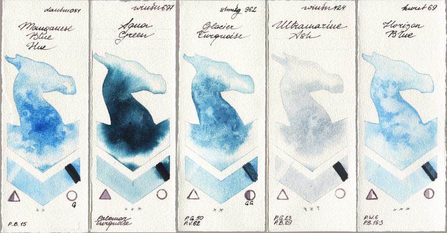 Daniel Smith 051 Manganese Blue Hue vs Winsor & Newton Professional 697 Aqua Green vs Shminke Horadam Aquarell 962 Glacier Turquoise vs 424 Ultramarine Ash vs Kuretake Gansai Tambi 069 Horizon Blue watercolor swatch