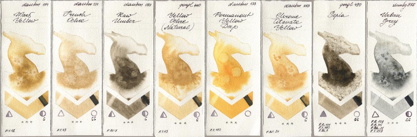 Daniel Smith 054 Mars Yellow, 134 French Ochre, 097 Raw Umber, Golden QOR 440 Yellow Ochre (Natural), 133 Permanent Yellow Deep, 253 Chrome Titanate Yellow, 490 Sepia, Shminke Horadam Aquarell 956 Urban Gr watercolor swatch