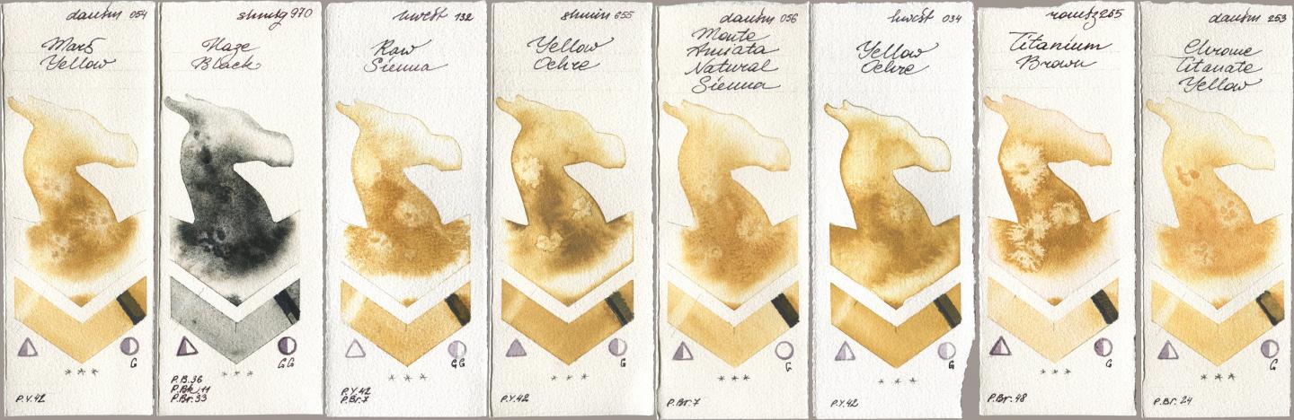 Daniel Smith 054 Mars Yellow, Shminke Horadam Aquarell 970 Haze Black, Holbein Artists Watercolor 132 Raw Sienna, 655 Yellow Ochre, 056 Monte Amiata Natural Sienna, 034 Yellow Ochre, Roman Szmal Aquarius 265 Titanium Brown, 253 Chrome Titanate Yell watercolor swatch