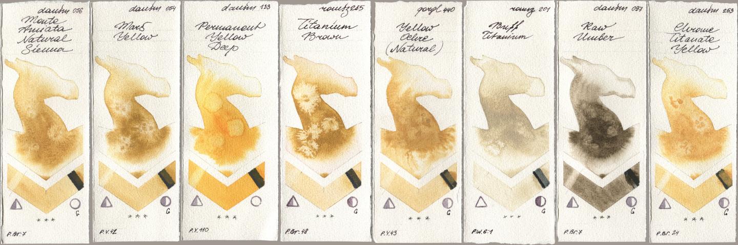 Daniel Smith 056 Monte Amiata Natural Sienna, 054 Mars Yellow, 133 Permanent Yellow Deep, Roman Szmal Aquarius 265 Titanium Brown, Golden QOR 440 Yellow Ochre (Natural), 201 Buff Titanium, 097 Raw Umber, 253 Chrome Titanate Yell watercolor swatch