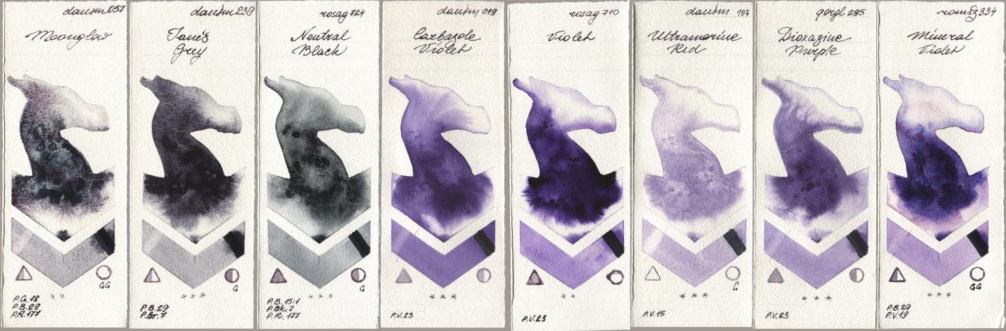 Daniel Smith 057 Moonglow, 239 Janes Grey, Rosa Gallery 724 Neutral Black, 019 Carbazole Violet, 710 Violet, 107 Ultramarine Red, Golden QOR 295 Dioxazine Purple, Roman Szmal Aquarius 334 Mineral Viol watercolor swatch