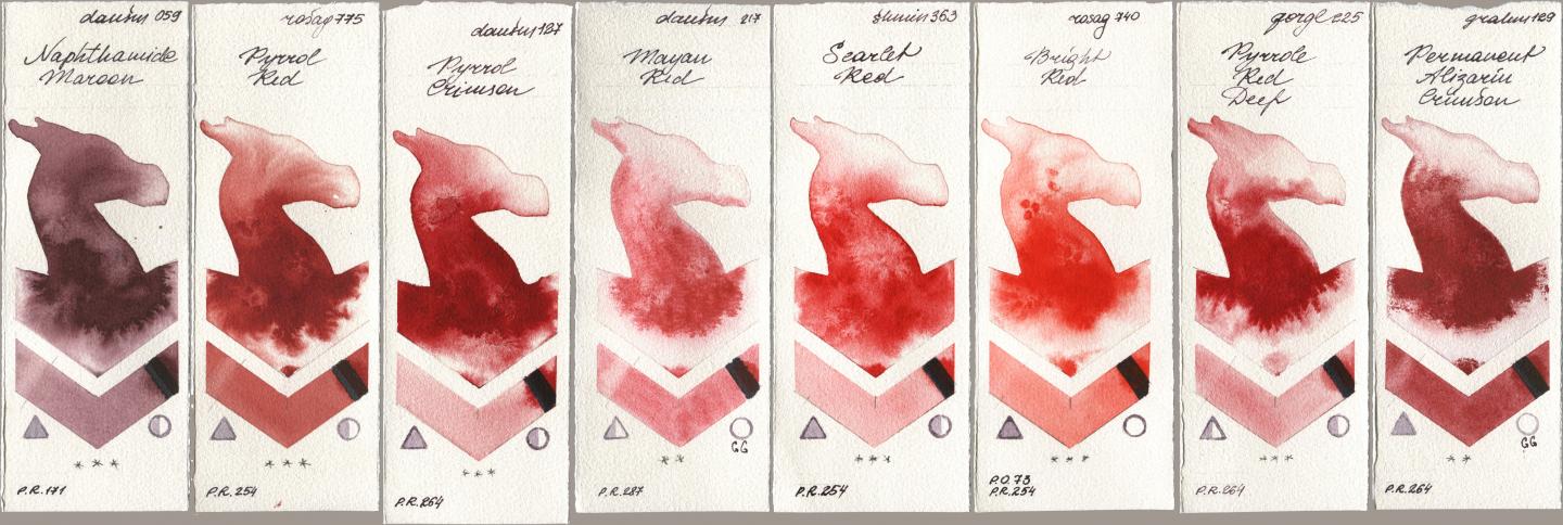 Daniel Smith 059 Naphthamide Maroon, Rosa Gallery 775 Pyrrole Red, 127 Pyrrol Crimson, 217 Mayan Red, Shminke Horadam Aquarell 363 Scarlet Red, 740 Bright Red, Golden QOR 225 Pyrrole Red Deep, M. Graham & Co. Artists 129 Permanent Alizarin Crims watercolor swatch