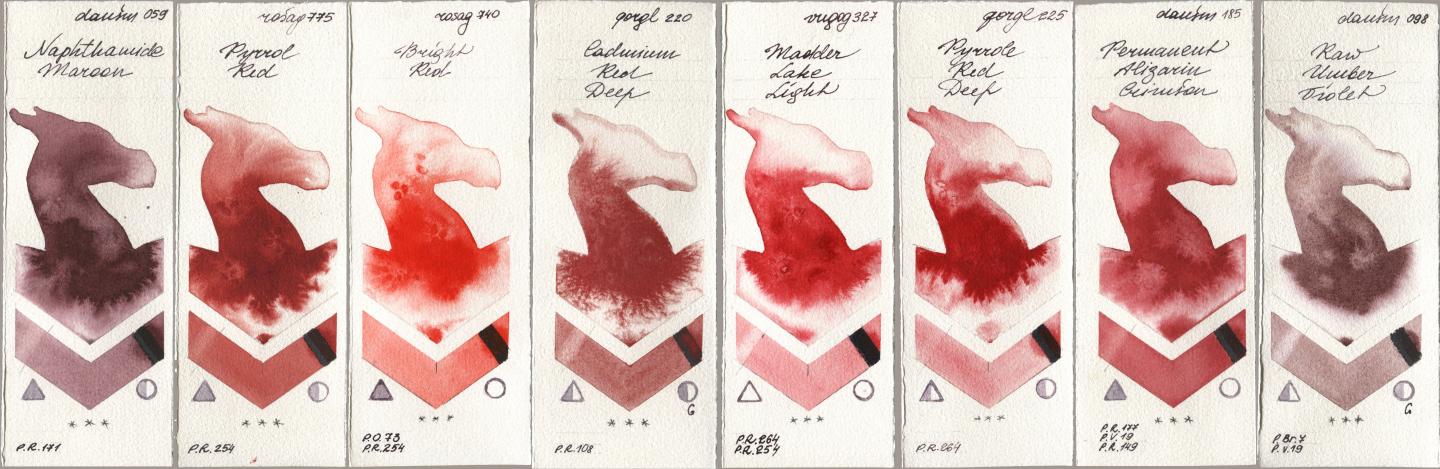 Daniel Smith 059 Naphthamide Maroon, Rosa Gallery 775 Pyrrole Red, 740 Bright Red, Golden QOR 220 Cadmium Red Deep, Royal Talens Van Gogh Watercolour 327 Madder Lake Light, 225 Pyrrole Red Deep, 185 Permanent Alizarin Crimson, 098 Raw Umber Viol watercolor swatch