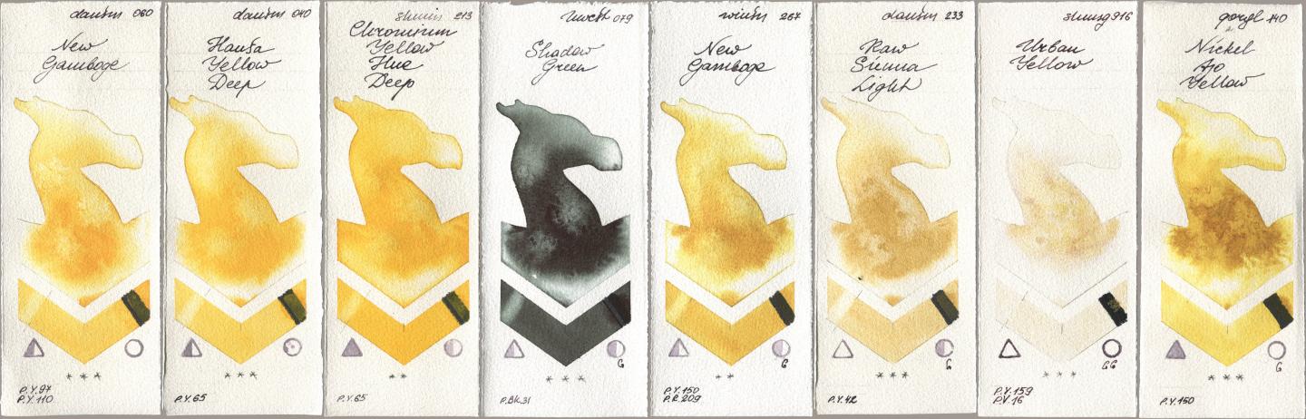 Daniel Smith 060 New Gamboge, 040 Hansa Yellow Deep, Shminke Horadam Aquarell 213 Chrome Yellow Deep LF (Chromium Yellow Hue Deep), Holbein Artists Watercolor 079 Shadow Green, Winsor & Newton Professional 267 New Gamboge, 233 Raw Sienna Light, 916 Urban Yellow, Golden QOR 140 Nickel Azo Yell watercolor swatch