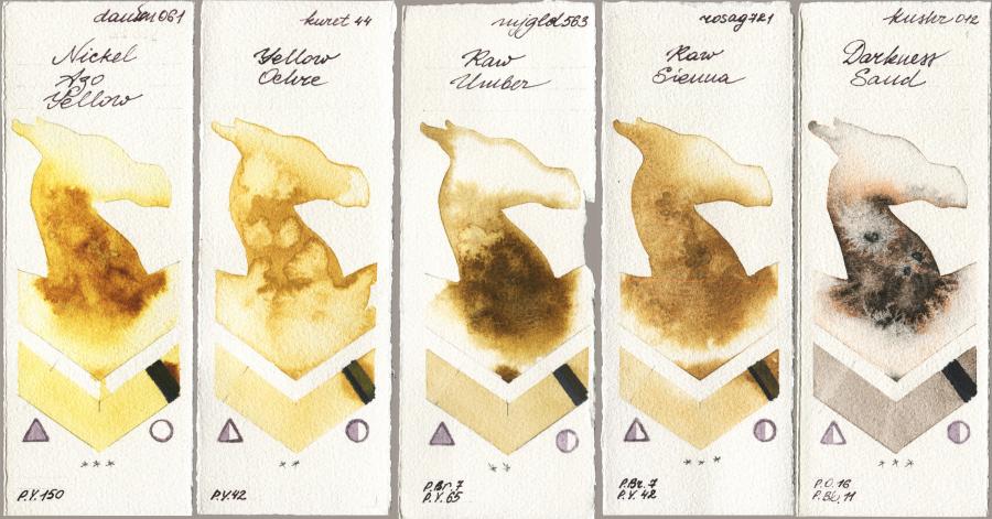 Daniel Smith 061 Nickel Azo Yellow vs Kuretake Gansai Tambi 044 Yellow Ochre vs Mijello Mission Gold 563 Raw Umber vs Rosa Gallery 721 Raw Sienna vs Kusakabe 012 Darkness Sand watercolor swatch