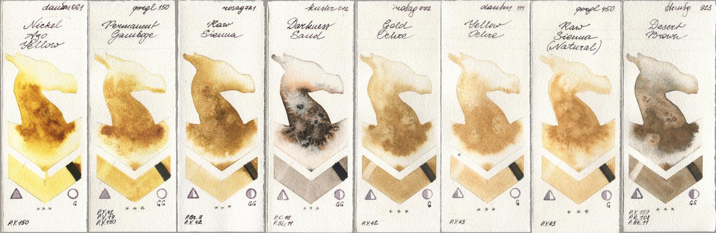 Daniel Smith 061 Nickel Azo Yellow, Golden QOR 150 Permanent Gamboge, Rosa Gallery 721 Raw Sienna, Kusakabe 012 Darkness Sand, 772 Gold Ochre, 114 Yellow Ochre, 450 Raw Sienna (Natural), Shminke Horadam Aquarell 923 Desert Bro watercolor swatch