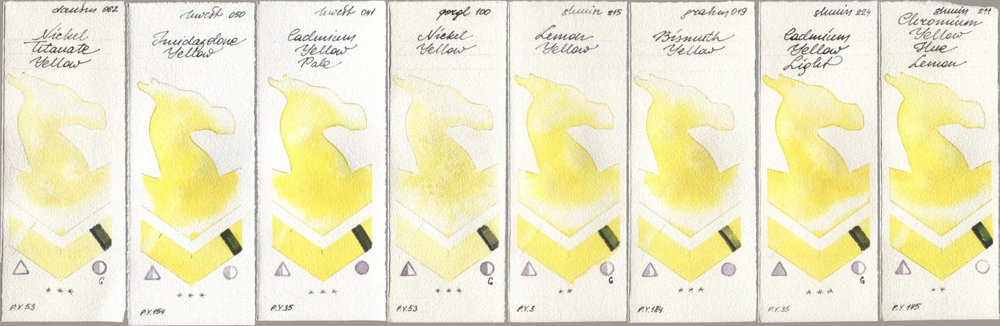 Daniel Smith 062 Nickel Titanate Yellow, Holbein Artists Watercolor 050 Imidazolone Yellow, 041 Cadmium Yellow Pale, Golden QOR 100 Nickel Yellow, Shminke Horadam Aquarell 215 Lemon Yellow, M. Graham & Co. Artists 019 Bismuth Yellow, 224 Cadmium Yellow Light, 211 Chromium Yellow Hue Lem watercolor swatch