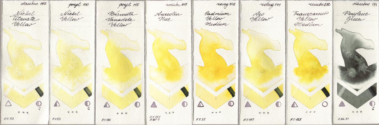 Daniel Smith 062 Nickel Titanate Yellow, Golden QOR 100 Nickel Yellow, 115 Bismuth Vanadate Yellow, Winsor & Newton Professional 417 Aureolin Hue, Rosa Gallery 703 Cadmium Yellow Medium, 771 Azo Yellow, Royal Talens Rembrandt Watercolour 272 Transparent Yellow Medium, 194 Perylene Gre watercolor swatch