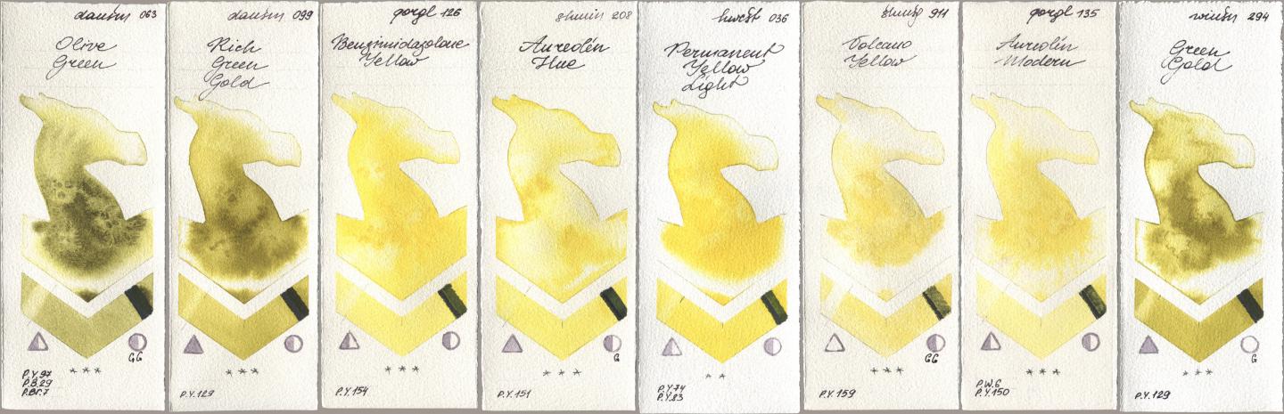Daniel Smith 063 Olive Green, 099 Rich Green Gold, Golden QOR 126 Benzimidazolone Yellow, Shminke Horadam Aquarell 208 Aureolin Hue, Holbein Artists Watercolor 036 Permanent Yellow Light, 911 Volcano Yellow, 135 Aureolin Modern, Winsor & Newton Professional 294 Green Go watercolor swatch