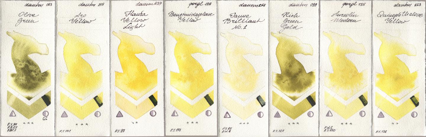 Daniel Smith 063 Olive Green, 215 Azo Yellow, 039 Hansa Yellow Light, Golden QOR 126 Benzimidazolone Yellow, 256 Jaune Brilliant No 1, 099 Rich Green Gold, 135 Aureolin Modern, 223 Quinophthalone Yell watercolor swatch