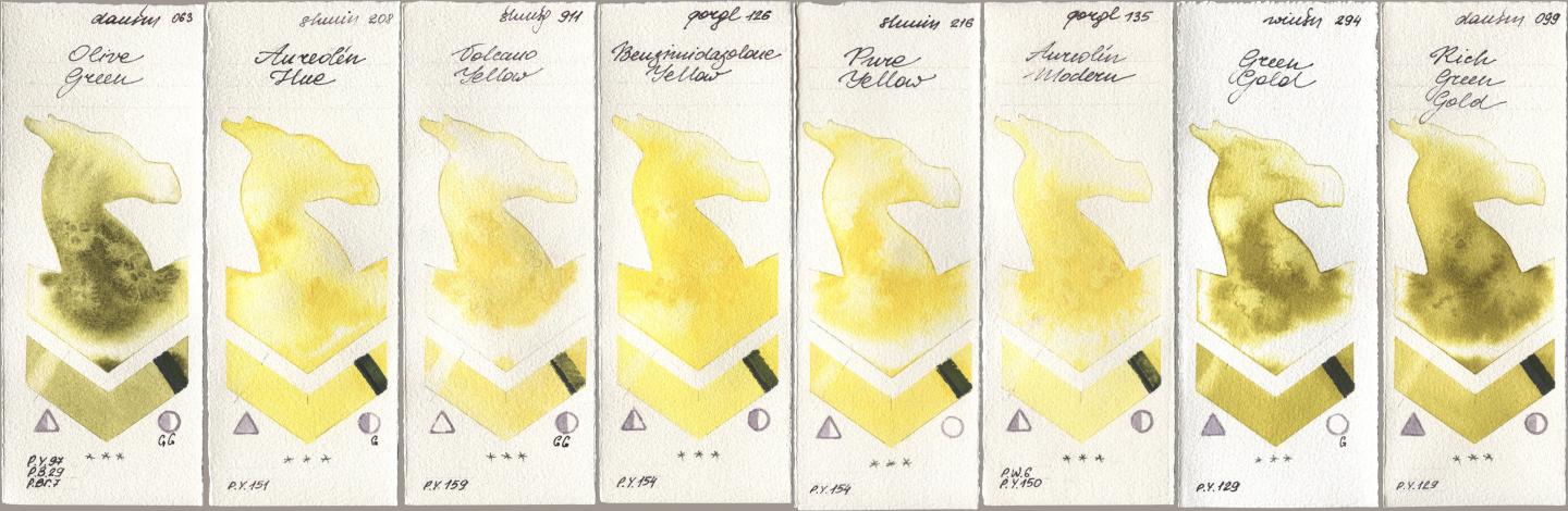 Daniel Smith 063 Olive Green, Shminke Horadam Aquarell 208 Aureolin Hue, 911 Volcano Yellow, Golden QOR 126 Benzimidazolone Yellow, 216 Pure Yellow, 135 Aureolin Modern, Winsor & Newton Professional 294 Green Gold, 099 Rich Green Go watercolor swatch