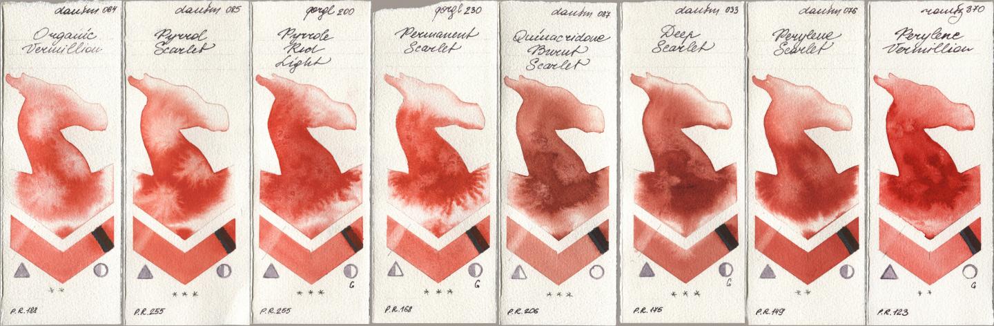 Daniel Smith 064 Organic Vermilion, 085 Pyrrol Scarlet, Golden QOR 200 Pyrrole Red Light, 230 Permanent Scarlet, 087 Quinacridone Burnt Scarlet, 033 Deep Scarlet, 076 Perylene Scarlet, Roman Szmal Aquarius 370 Perylene Vermilli watercolor swatch