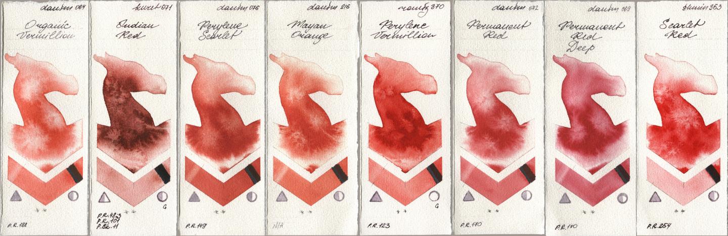Daniel Smith 064 Organic Vermilion, Kuretake Gansai Tambi 071 Indian Red, 076 Perylene Scarlet, 216 Mayan Orange, Roman Szmal Aquarius 370 Perylene Vermillion, 072 Permanent Red, 069 Permanent Red Deep, Shminke Horadam Aquarell 363 Scarlet R watercolor swatch