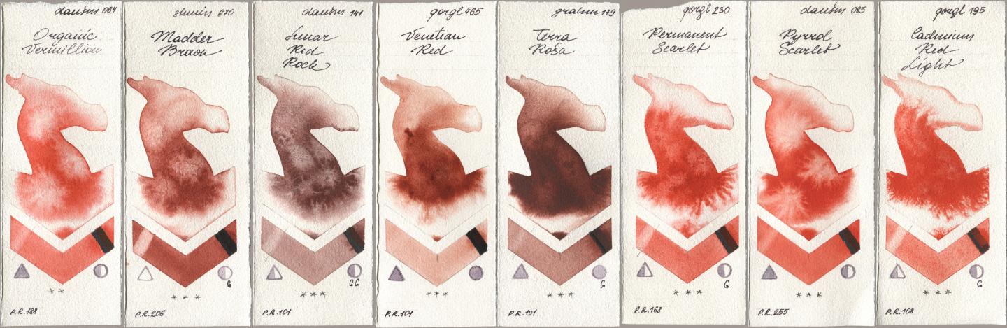 Daniel Smith 064 Organic Vermilion, Shminke Horadam Aquarell 670 Madder Brown, 141 Lunar Red Rock, Golden QOR 465 Venetian Red, M. Graham & Co. Artists 179 Terra Rosa, 230 Permanent Scarlet, 085 Pyrrol Scarlet, 195 Cadmium Red Lig watercolor swatch